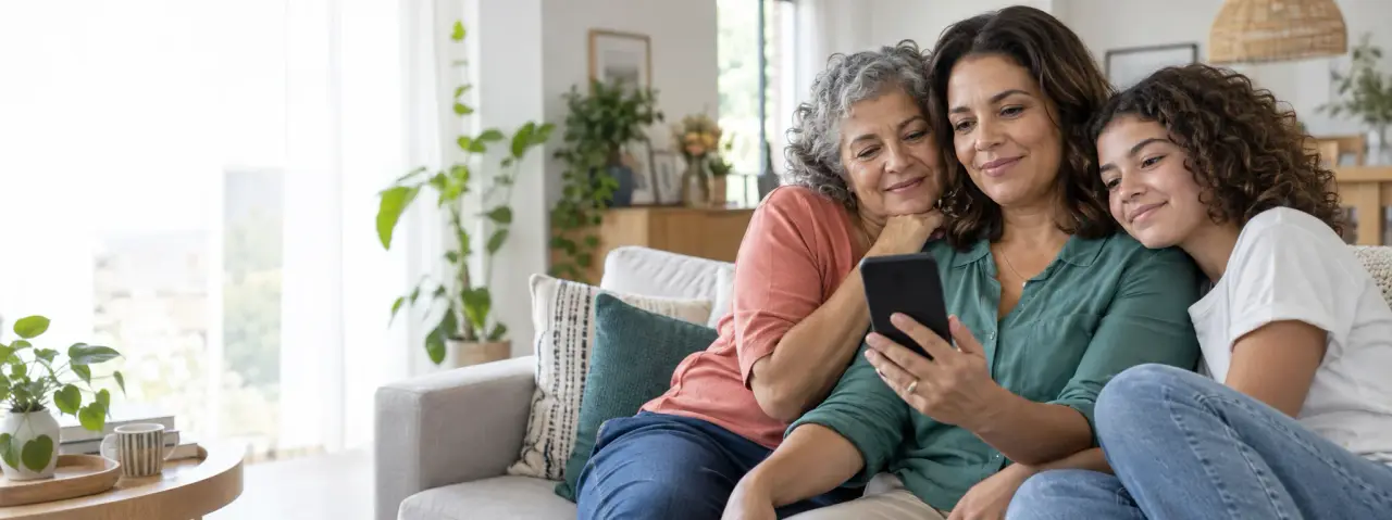 Três mulheres de gerações diferentes olham juntas a tela de um celular, sentadas no sofá de casa