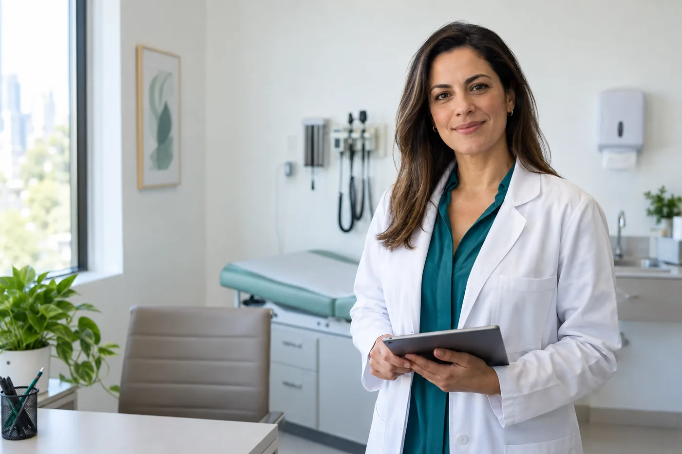 Mulher de jaleco branco segurando um tablet em um consultório claro