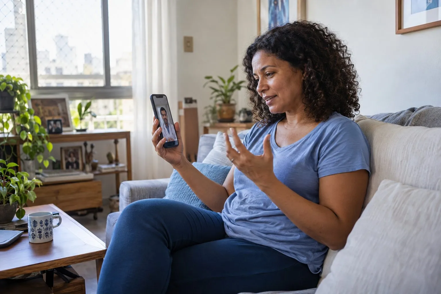 Mulher sentada no sofá de casa, conversando com um médico por vídeo pelo celular